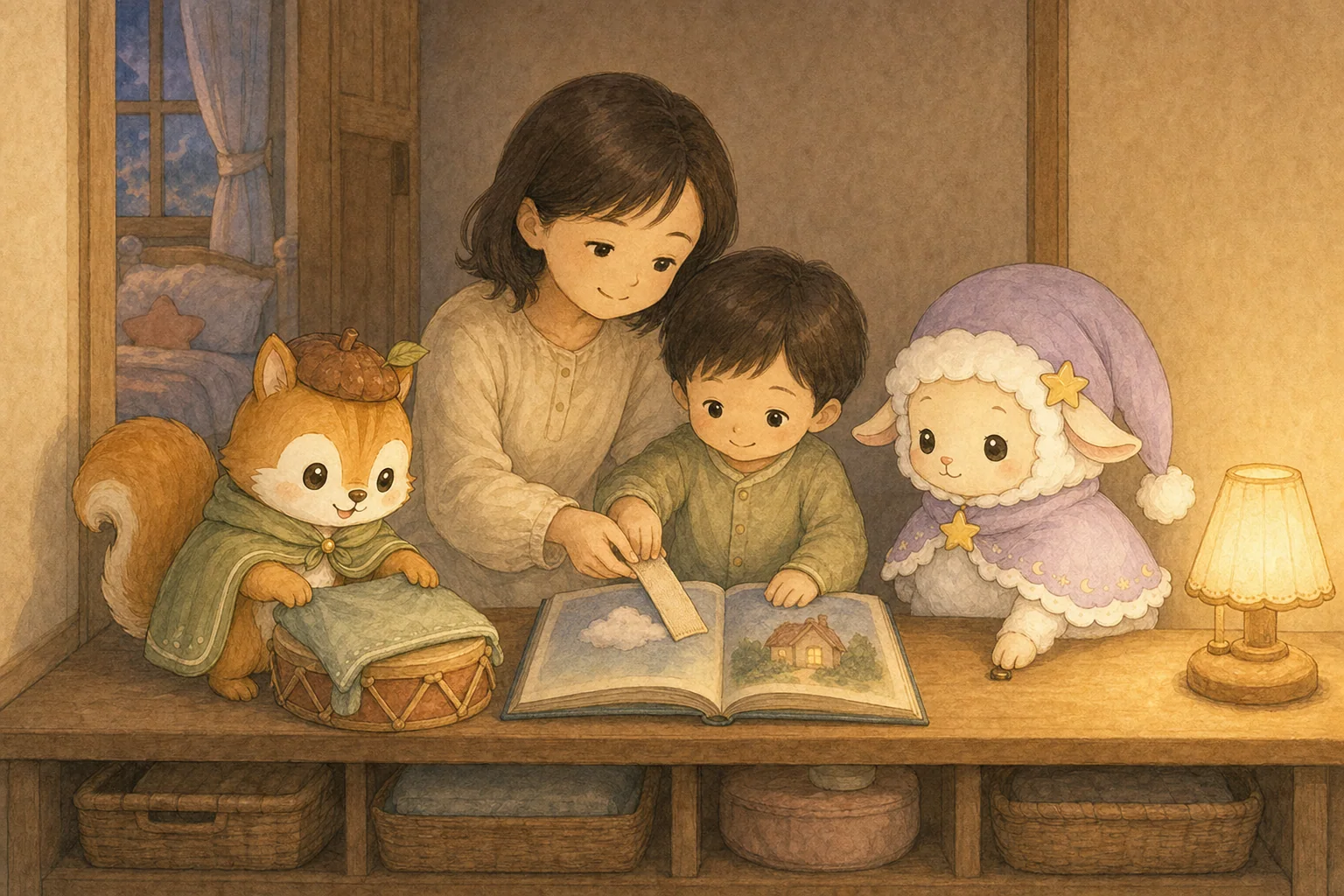穏やかな絵本、伏せた小太鼓、閉じた読書灯の三つを保護者と子どもが順に片づけている