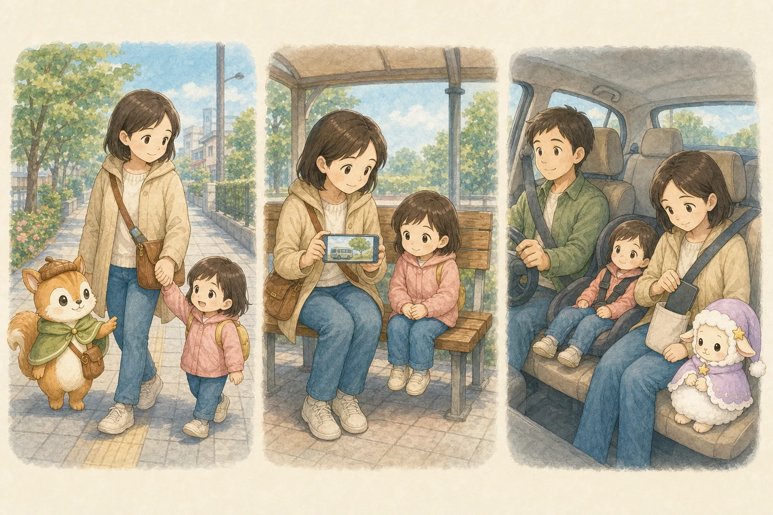 歩行路では閉じた端末、停車中のベンチでは開いた絵、運転席から離れた端末の三場面をココとネムが確認している