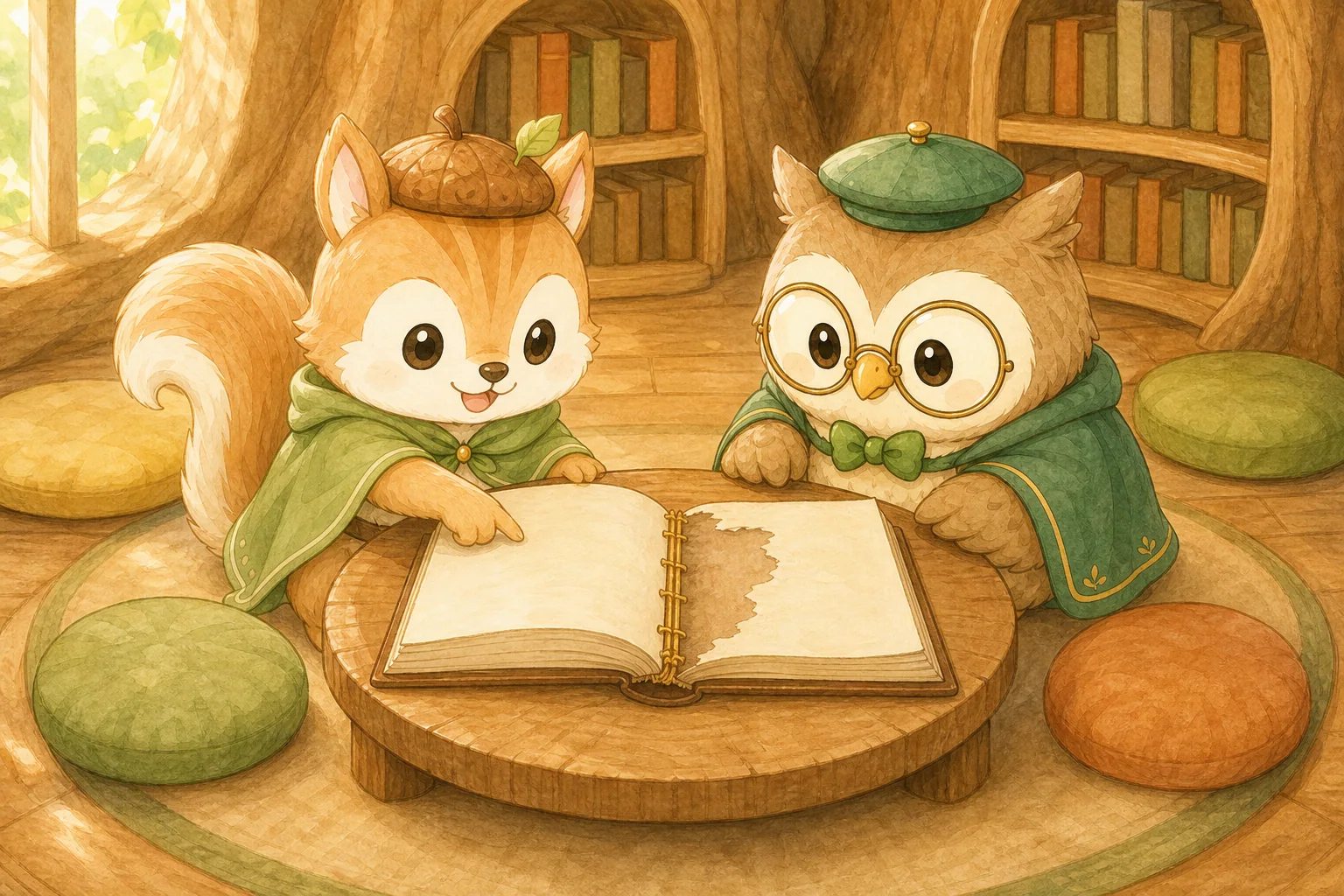朝のきりかぶ図書館で、ココとトトが最後のページの抜けた物語帳を調べている